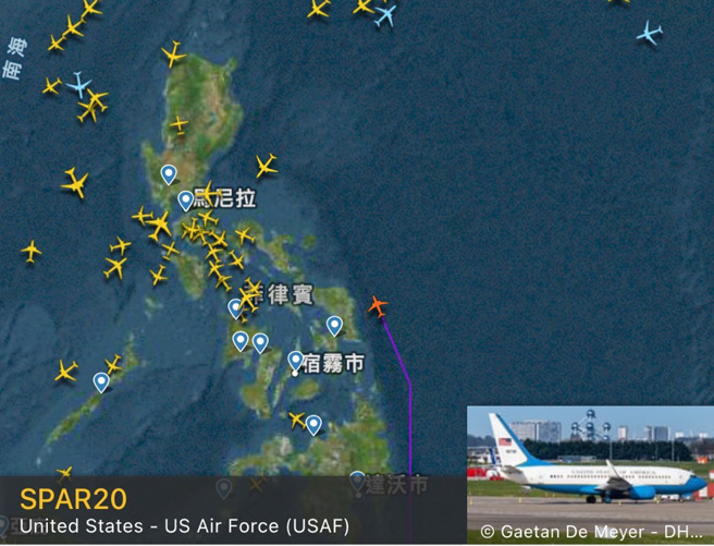 美行政专机又来？「SPAR20」依循裴洛西专机路线飞往台湾途中。(翻摄自FlightRadar24)