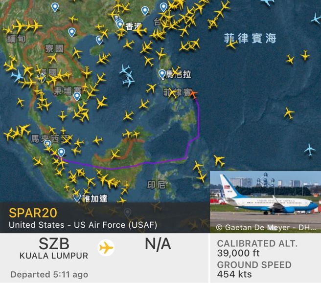 美行政专机又来？「SPAR20」依循裴洛西专机路线飞往台湾途中。(翻摄自FlightRadar24)