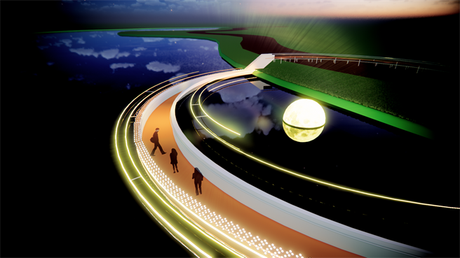 2022光织影舞展「新月漫游」，飘浮在北香湖中，外观神似「蛋黄酥」，嘉义市长黄敏惠鼓励民眾把握限定展期，来嘉义看「地表最大的蛋黄酥」。（嘉义市政府提供∕吕妍庭嘉义传真）