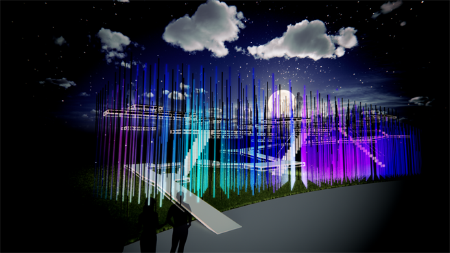 「宇宙之巅」作品让旅客登上离地3公尺高台，如上帝视角群览整个展区，从不同维度体验光影之美。（嘉义市政府提供∕吕妍庭嘉义传真）