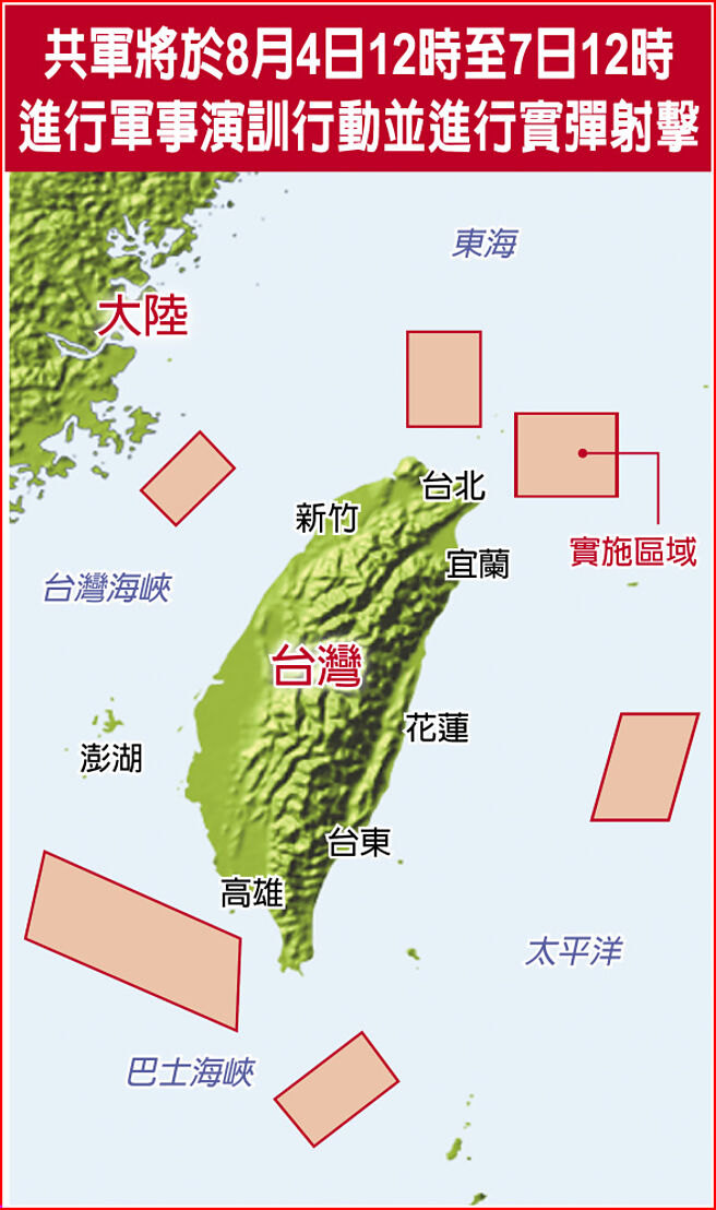 共军将于8月4日12时至7日12时进行军事演训行动并进行实弹射击