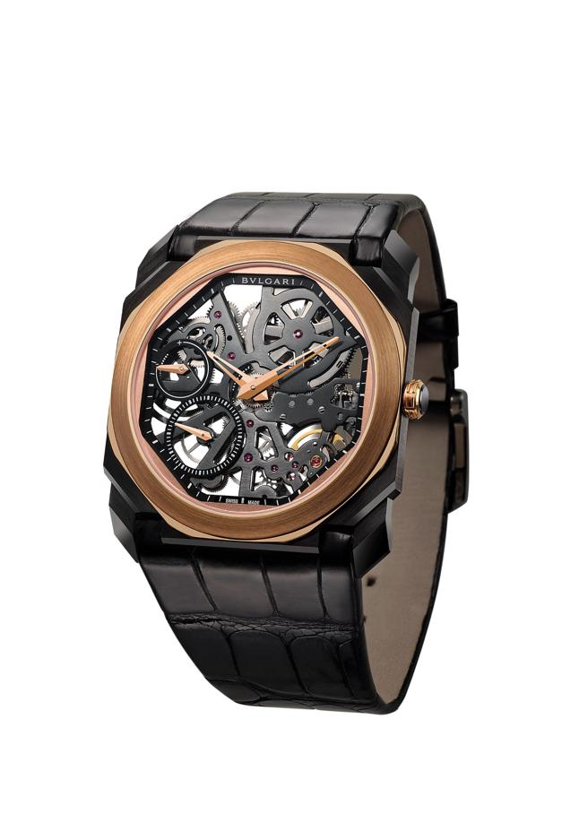 宝格丽OCTO FINISSIMO SKELETON超薄镂空玫瑰金腕表，92万6000元。（BVLGARI提供）