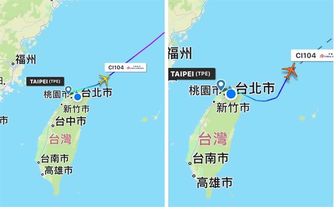 华航CI104航班昨日起飞后直接朝东北飞行（图左），今日则先往东避开军演区（图右）。（摘自Flightradar／陈佑诚传真）