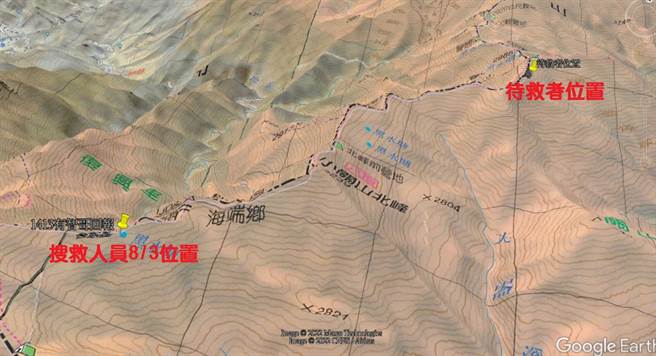 女山友南一段脚伤无法行走，8月3日搜救人员与待救者位置。（台东县政府提供／蔡旻妤台东传真）