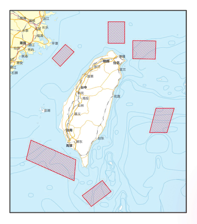 解放军8月4—7日在台湾周边6大海空域举行军演和长程火力实弹射击的示意图。（图／新华社）