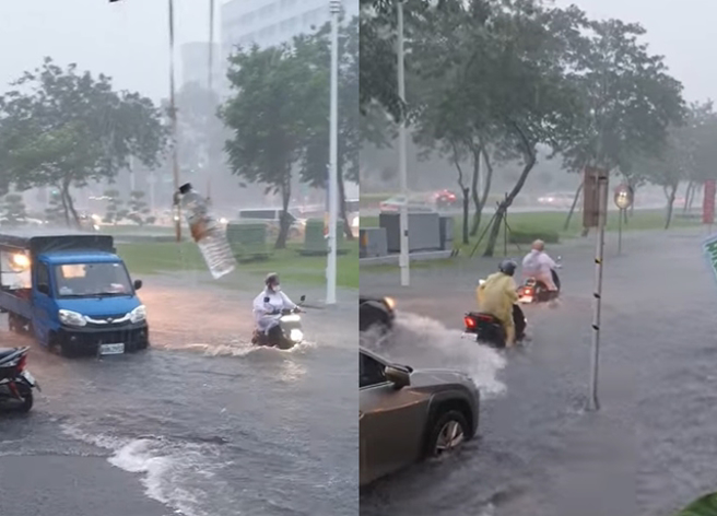 嘉义市好市多前马路淹大水，骑士缓速惊险通过。（翻摄自脸书嘉义绿豆大小事）