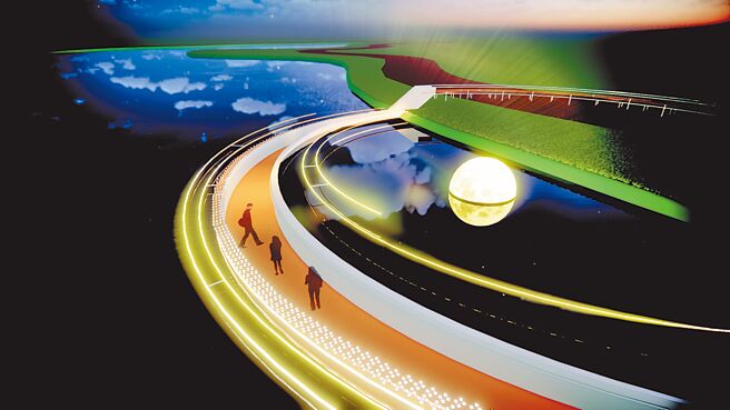 「2022光織影舞」有全台最大湖中「新月」藝術裝置，且外觀神似「蛋黃酥」，嘉義市長黃敏惠鼓勵民眾把握限定展期，來嘉義看「地表最大的蛋黃酥」。（嘉義市政府提供／呂妍庭嘉義傳真）