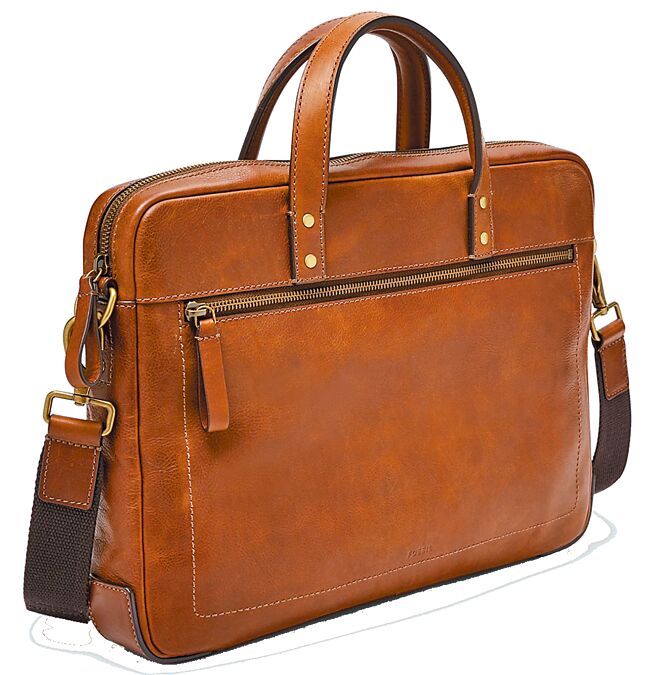 京站的FOSSIL Haskell15吋笔电焦糖色真皮商旅公事包，原价1万1880元，特价1万692元。（京站提供）