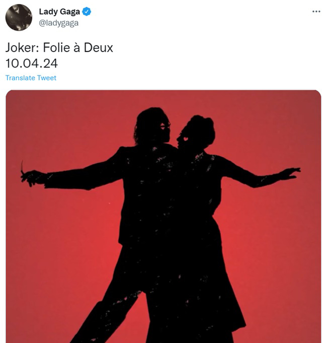 乐坛天后女神卡卡（LadyGaga）有望演出「小丑女」哈莉奎恩（Harley Quinn）。(LadyGaga推特)