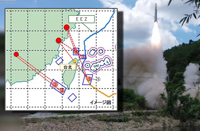 图为大陆火箭军发射常规弹道飞弹。（合成图/翻摄央视新闻、日本防卫省）