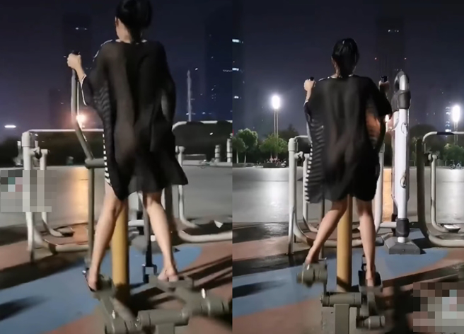 薄纱妹夜晚在运动公园踩着器材运动，其背部若隐若现的样子，也被网友直呼「太扯了」。（翻摄自脸书爆废公社）