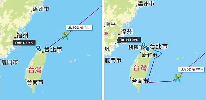 日航JL802航班3日起飞后直接朝东北飞行（左），4日则先往东再往南，最后才转往东北方向（右）。（摘自Flightradar）