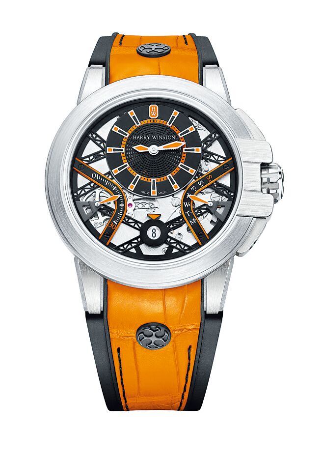 海瑞溫斯頓海洋Ocean系列Zalium Variation腕錶，橘色款。（Harry Winston提供）