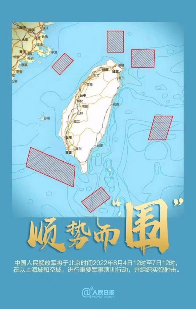 中共解放軍在台灣周圍劃定6個區域進行軍事演訓之後，網路輿論發生重大變化，原先因裴洛西降落台灣而形成的失望焦慮情緒逐漸平復，甚至還轉為樂觀與興奮。（圖／人民日報）