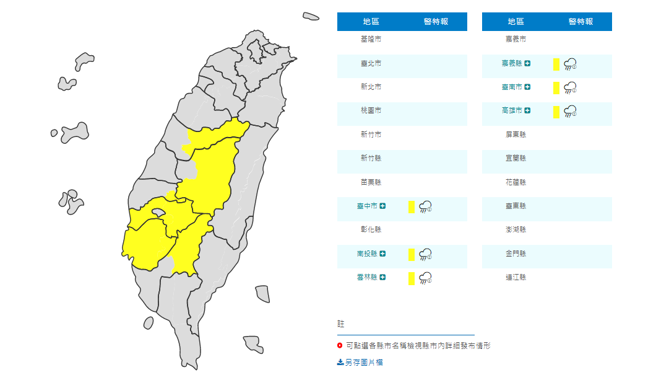 台中市山区、南投县山区、云林县山区、嘉义县、台南市、高雄市山区等6区要当心大雨。（图／撷取自气象局官网）