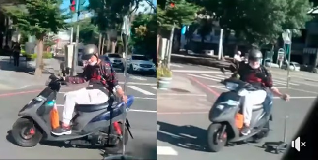 骑士危险驾驶的模样让许多人为他捏把冷汗，有网友推论可能逼不得已，才出此下策。（图／撷取自爆废公社）