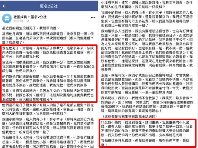 1名女网友从小因父母离异，跟着母亲过着穷困生活，日前她得知父亲过世，父亲家属出面与她讨论遗产，她认为父亲从未依承诺给赡养费，如今她要一併讨回。（示意图，达志影像/shutterstock）
