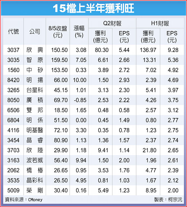15檔上半年获利旺
