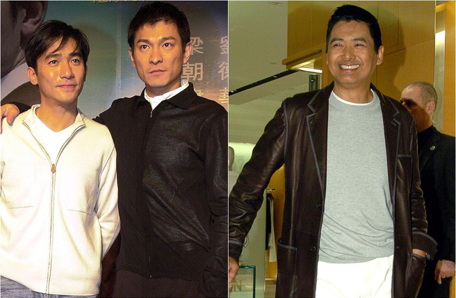 刘德华(左图右)被问梁朝伟跟周润发落水，他会先救谁？天王激动起来，还说谁都不救。(中时资料照片)