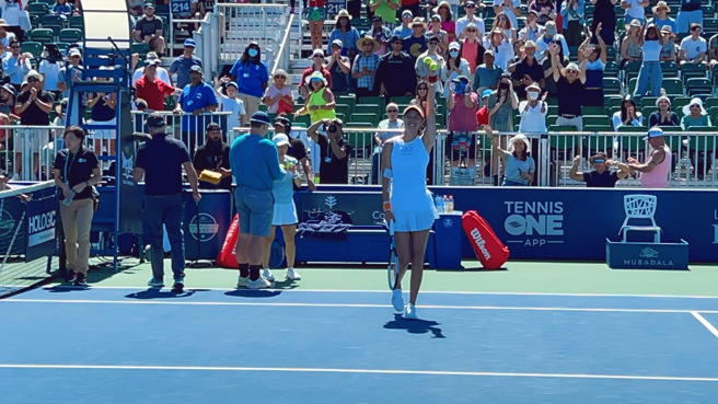 詹皓晴（前）在聖荷西網球賽女雙晉級到決賽。（劉雪貞提供）