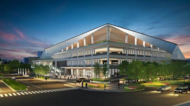 水湳转运中心夜间模拟图，未来将成为「点亮水湳夜空的北极之星」。（交通局提供／张亦惠台中传真）