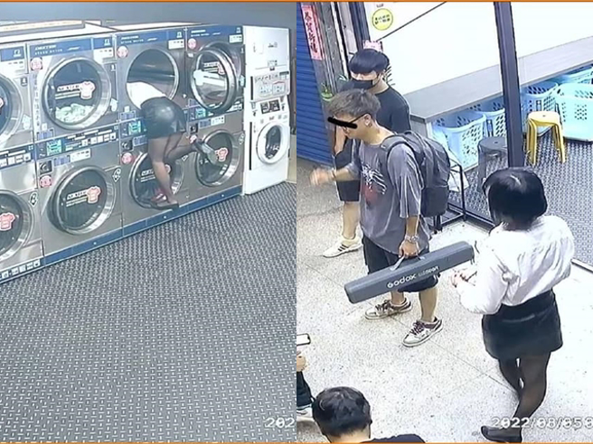 穿着OL全身套装、黑丝袜的女模特儿站在自助洗衣店内让人拍摄，该女模甚至「钻进」洗衣机内，剩长腿在机器外，监视器影像曝光让店家气炸。（翻摄自脸书「我是万华人」）