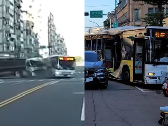 紅綠燈沒亮！公車遭拖板車衝撞「側邊全毀」 驚悚影片曝
