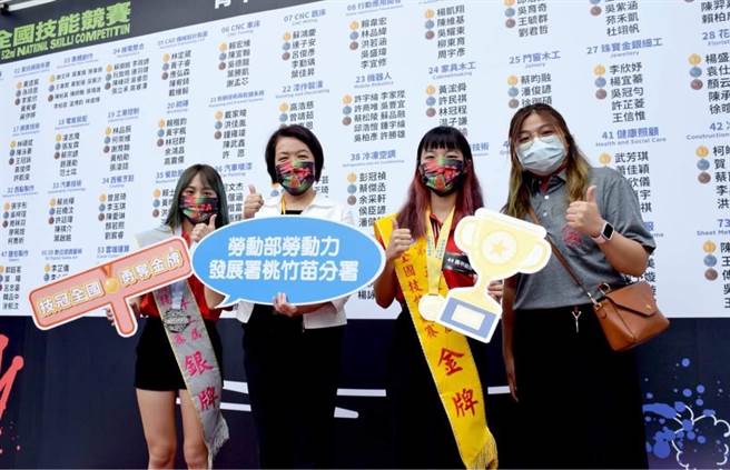 勞動力發展署桃竹苗分署首度培訓展示設計職類選手陳思妤（右二）與陳侑榛（左一），分別勇奪全國技能競賽金、銀牌。（勞動力發展署桃竹苗分署提供／呂筱蟬桃園傳真）