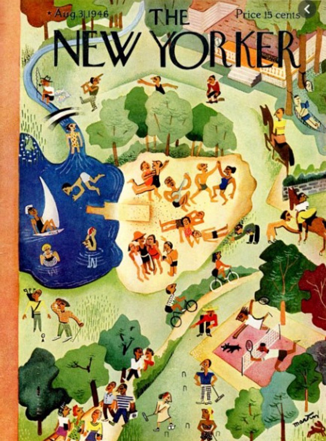 《纽约客》一九四六年八月三十一日号。该期除〈广岛〉一文以外几无其他内容，所有常态单元皆未刊出；封面场景与内文不协调的反差，向读者传递了令人不安的意涵──描绘了梦游中的美国，一如爱因斯坦几个月前所形容的，美国对原子时代的危险视而不见，「躲进安逸的舒适圈中」。（图/ 尖端出版提供）
