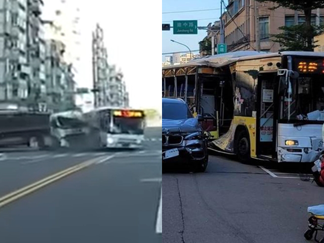 因路口斷電導致紅綠燈故障，一輛拖板車撞上公車後，公車再失控衝向路邊撞車，最後公車側邊幾乎全毀，拖板車上的鋼筋散落馬路，現場一片狼藉。（翻攝自記者爆料網）