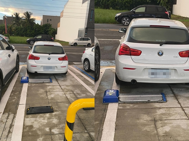 1辆BMW轿车日前被目击停车时仅「停进车格一半」，在地锁前面就停下，遭质疑是想躲避缴停车费，网友痛批「有钱开名车，没钱缴停车费」。（翻摄自脸书「爆料公社二社」）