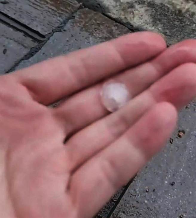 新社地區8日下的冰雹雨約有5元硬幣大小，居民驚叫說，他們從沒看過那麼大的冰雹！（民眾提供）