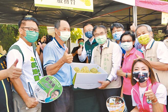今年台南歸仁釋迦節產業文化活動在仁壽宮廟埕登場，市長黃偉哲（中排右三）到場幫忙行銷。（洪榮志攝）