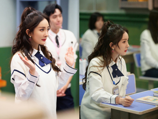 杨幂穿校服造型嫩到网友都被惊艳到，零修图侧拍花絮更看不出她已经35岁。(图/ 摘自密室大逃脱官微)