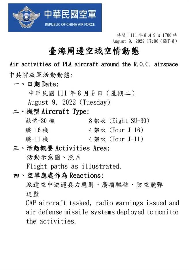台海周邊空軍空情動態。空軍提供