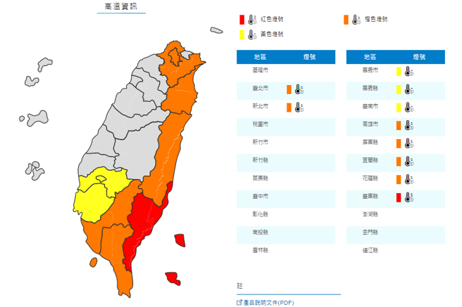 氣象局針對全台10縣市發佈高溫資訊，花東有機會出現38度高溫。（圖／擷取自氣象局官網）
