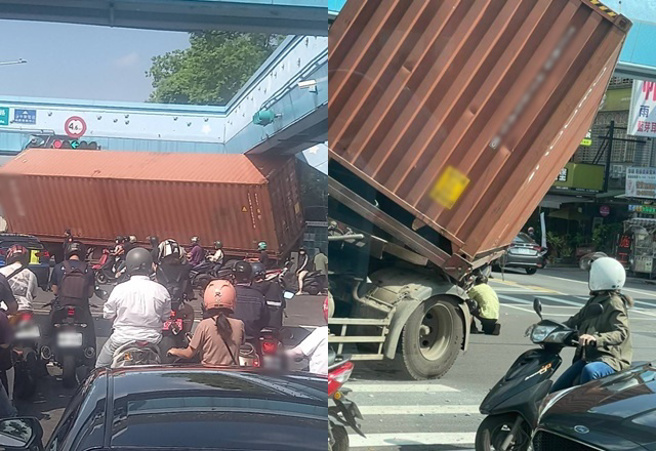 桃园货柜车卡天桥！对向骑士全看傻眼。（图／翻摄记忆八德）