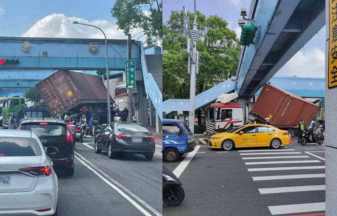 桃园市龙寿街与中华路口10日上午有货柜车未注意限高，不慎卡到天桥，害得该路段严重塞车，不少路过的民眾都拍下照片上传地方社团。（翻摄脸书社团《内坜大小事》）