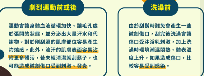 食药署提醒，民眾刮鬍有两大应避免的时间点。（取自「TFDA 化粧品安全使用」）
