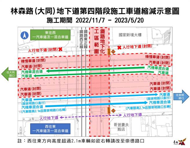 台南市林森路地下道施工車道縮減示意圖。（交通局提供／洪榮志台南傳真）