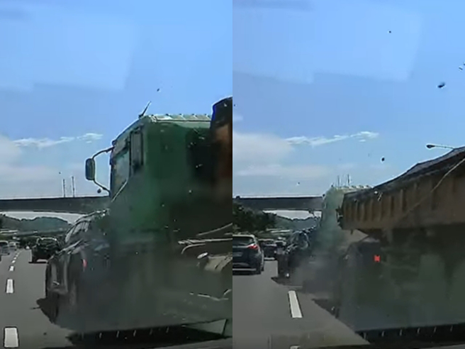 1名驾驶在国道发现正前方黑车突然停在路中，赶紧变换车道后，没想到后方砂石车疑似反应不及，直接衝撞黑车车尾拖行一大段距离。（翻摄自Andy老爹脸书粉丝团）