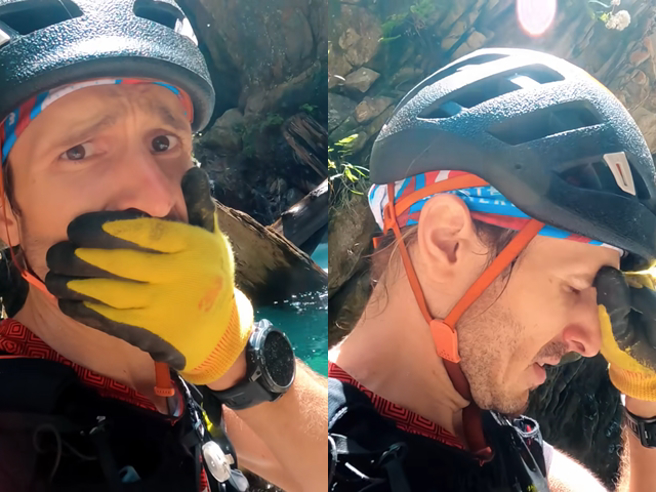 「跑山兽」在瀑布下方发现粘男遗体，他近日在YouTube公开搜救影片，离奇的是当时他在该处河谷发现「数百只蝴蝶」空中飞舞，接着在近处发现遗体。（翻摄自「跑山兽」YouTube影片）