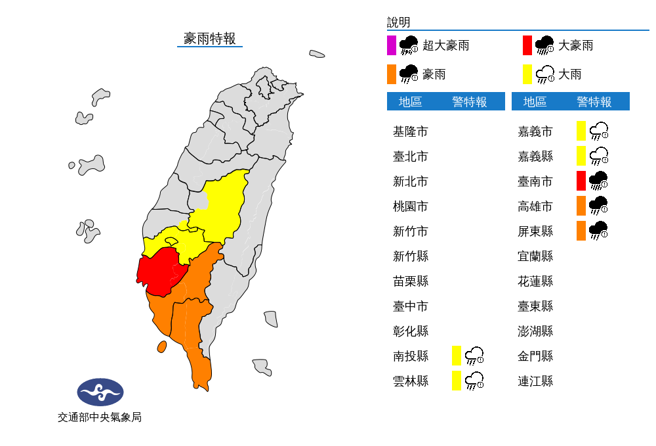 气象局晚间更新豪雨特报，台南市雨量升级为大豪雨。（气象局）