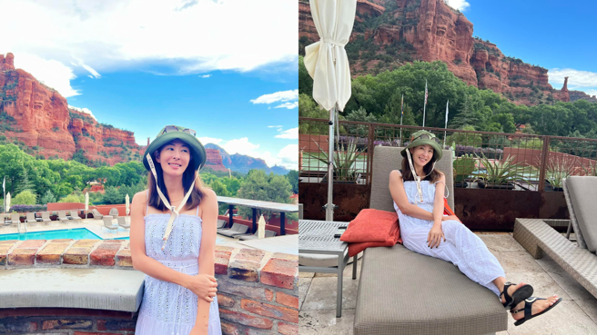 贾永婕登完山后要下游泳池，在躺椅拍照时无意可见美腿超长。(图/贾永婕 FB)