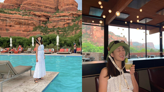 贾永婕这次的旅行收穫满满，喝个饮料也露出超满意的笑容。(图/贾永婕 FB)