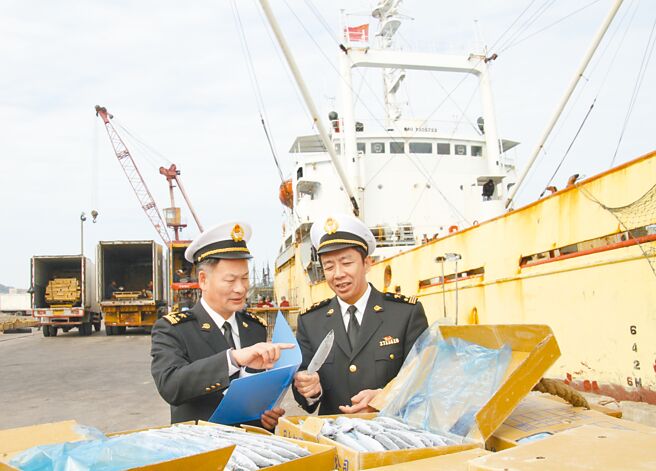 一份港系外资报告指出，中国对台报復性措施恐成新常态。图为福建海关人员查验来自台湾的冷冻秋刀鱼。（中新社）