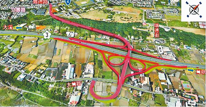 国道3号增设大莺丰德交流道，将採「双苜蓿叶型」推动。（桃园市交通局提供／蔡依珍桃园传真）