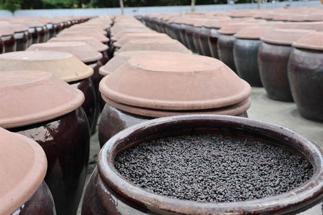 西螺瑞春酱油工厂拥有2500个要晒黑豆的陶土瓮。（周丽兰摄）