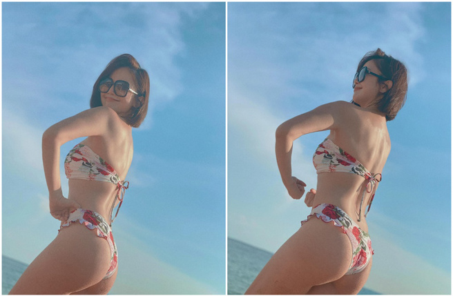 锺欣怡展现搞笑一面，不计形象摆出健美姿势。(锺欣怡 Cathy Chung脸书)