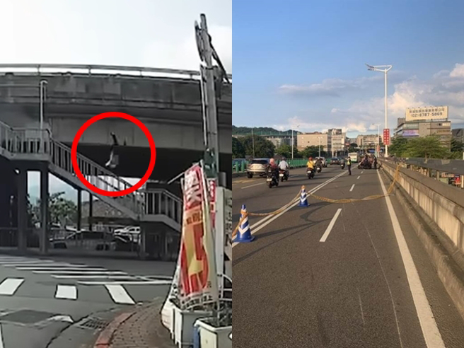 骑士摔落民权大桥，目前外界推断酿祸原因可能为该路段设有桥梁伸缩缝，或是桥上侧风太大，也不排除是确诊导致身体不适才出意外。（翻摄自记者爆料网）